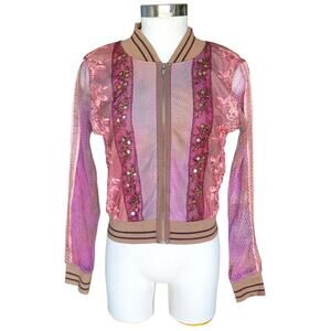 Hale Bob Mesh Floral Embroidered Lace Sequin Bomber Style Jacket Y2K Medium